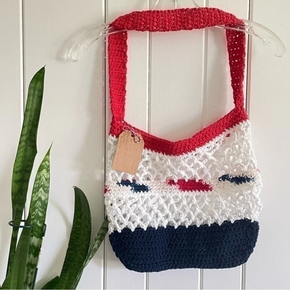 $49 SALE Red White Navy Blue Bottom Tote Bag Purse Cotton Reusable Handmade - Picture 1 of 6